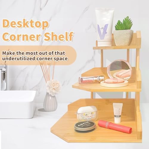 Bamboo Corner Desk Organizer Shelf, 3-Tier Triangle Storage Rack for Office & Home, Space-Saving Desktop Shelf for Books, Stationery, Makeup, Small Items