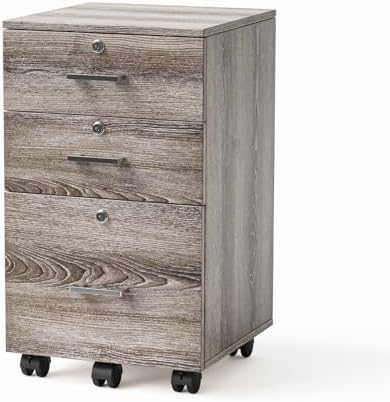 VINGLI 3-Drawer File Cabinet with Lock, Wood Rolling Filing Cabinets for Home Office, Mobile Printer Stand, Under Desk File Organizer for Letter Sized Files, 26" H(Caster Included),Gray Oak