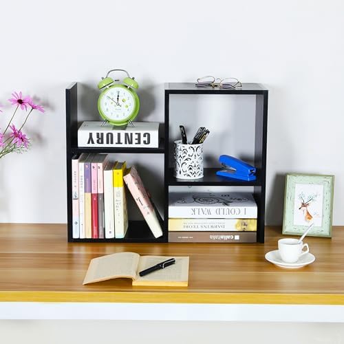 TQVAI 2-Tier Desktop Bookshelf, Freestanding Multipurpose Wood Desk Top Organizer for Books, Office Supplies, Plants, Photo Frames, Small Open Storage Shelves for Office Home Dorm, Black