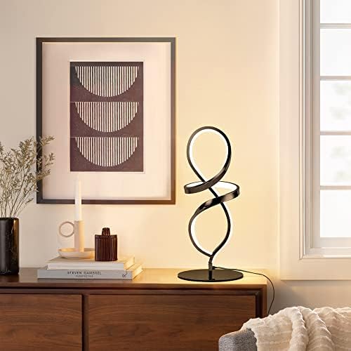 Modern Small Table Lamp with LED Spiral Design, 12W Black Nightstand Lamp
