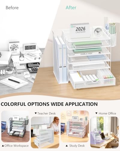 WALI Desk File Organizer, 6 Tier Desktop Paper Letter Tray Organizer with Drawer and 2 Pen Holders, Office Desk Accessories & Workspace Organizers for Office, Home Supplies(DO007DH-W), 1 Pack, White
