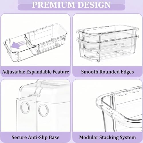 16 Pcs Extendable Clear Drawer Organizer|2-Size Expandable Drawer Dividers