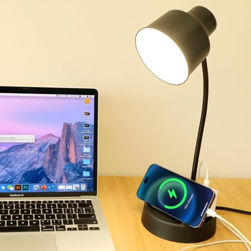Energetic LED Desk Lamp with Phone Holder, Table Lamp with AC Outlet, Adjustable Flexible Gooseneck, 4000K, Eye-Care Reading Light for Bedroom, Study, Computer Desk, Living Room, Home Office, Black