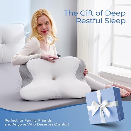 BDEUS Cervical Neck Pillow for Sleeping – Ergonomic Memory Foam Pillow with Massage Nodes for Neck Pain Relief, Side Sleeper & Back Support, CertiPUR-US Certified, White