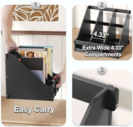 Bamboo Desk File Organizer, 3 Compartment Magazine Holder for Home Office(Black)