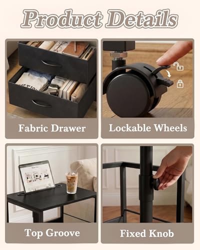 Faesun Night Stand with Charging Station & Swivel Top, Black