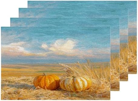 Shrahala Pumpkins Wheat Fields Placemats, Hay with Pumpkins Under Sky Table Mat Linen Burlap Washable Double-Deck Heat Insulation for Dining/Kitchen Table Set of 4 (12 x 18 inch)