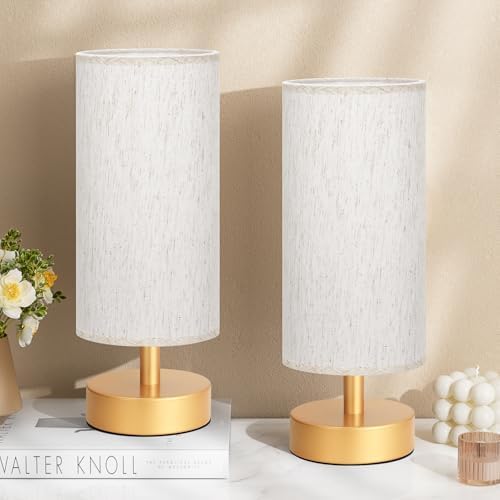 Table Lamps Set of 2 (Cream Shade- Gold Base, 11.6" Inline Control)