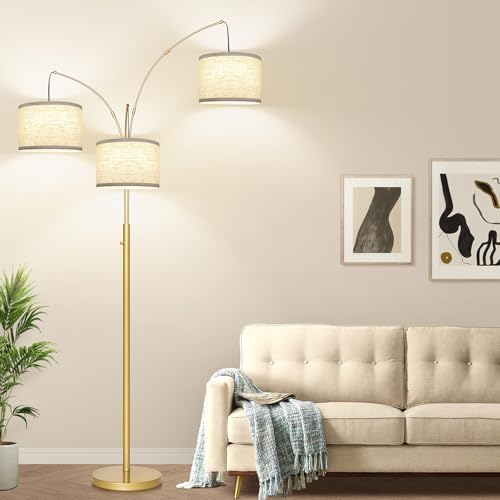Dimmable Floor Lamp, 3 Lights Gold Arc Floor Lamp, Modern Tall Standing Tree Lamp with White Linen Shades & Heavy Base, 3000LM LED Bulbs, Bright Lighting for Living Room, Bedroom, Office & Reading