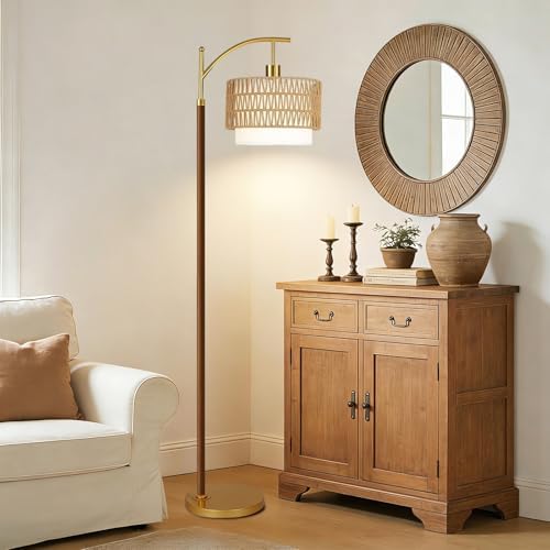 ZECOXOL Boho Floor Lamps for Living Room Rattan Floor lamp with Remote Control & 3 Color Temperatures,Vintage Wood Mid Century Modern Standing Lamp Dimmable Tall Floor Lamp for Bedroom Corner