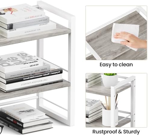 Office Desk Shelf Organizer, Wood Desktop Bookshelf Supplies Storage Rack, Shelf for Top of Desk and Dresser (Grey-2 Tier)