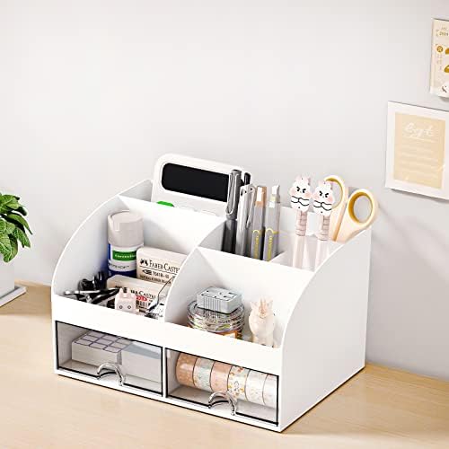 COMFYROOM Desk Organizer with 6 Compartments and 2 Drawers, Plastic Makeup Organizer, Pen Holder for Desktop Storage, Desk Organization for School, Home, Office Supplies (White-2Pack)