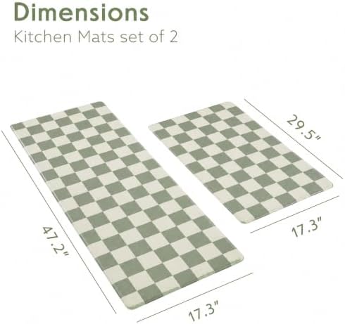Ohocut Checkered Kitchen Mats for Floor Set of 2, 2 Pcs Sage Green Cushioned Non Slip Runner Rugs for Kitchen/Sink/Laundry, Comfort Aesthetic Cute Anti-Fatigue Foam Floor Mat 17.3"x29.5"+17.3"x47.2"