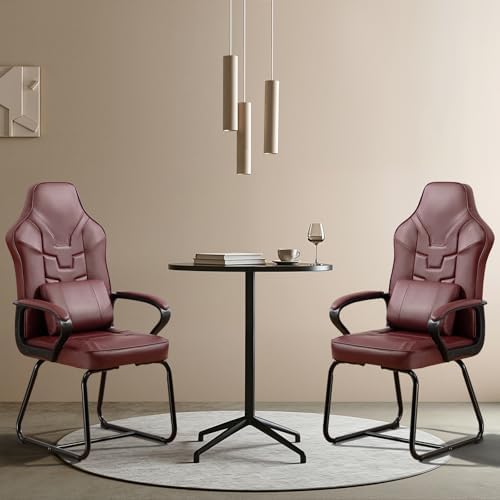 Leather Office Guest Chair No Wheels High Back Computer Reception Chairs with Padded Arms Waist Pillow for Gaming Meeting Conference Waiting Room, Red