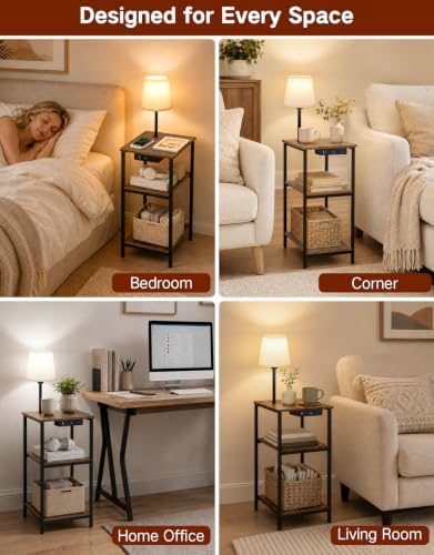 Side Table with Light & Charging Station, 3-Tier Narrow End Table