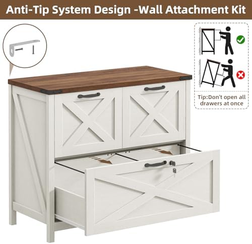 Halitaa Farmhouse Lateral File Cabinet with 3 Drawers, White and Brown