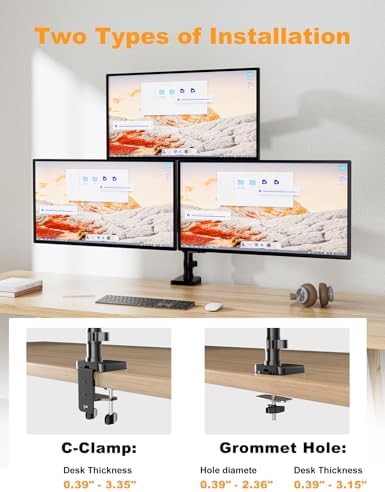 Triple Monitor Mount for 13-32 Inch Screens, Gas Spring Adjustment Triple Monitor Stand Holds 17.6lbs per Arm, Tilt, Swivel, Rotation with Clamp & Grommet Kit, Max VESA 100x100mm FORGIGN Mount