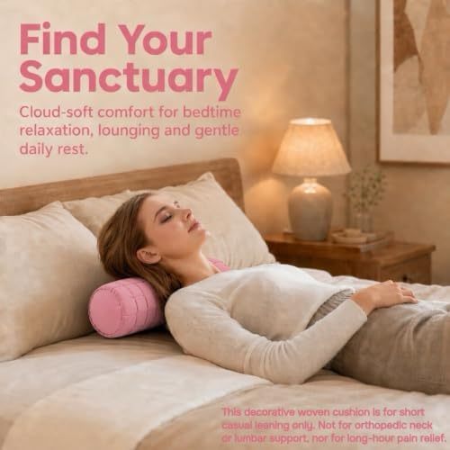 Soft Cylinder Lumbar Pillow, 15.7 x 5.9 Inch Hand-Woven Velvet Neck Roll Pillow, Polyester Fiber Filled for Neck Back Leg Relaxation, Decorative Throw for Couch Sofa Bed Office (Pink)