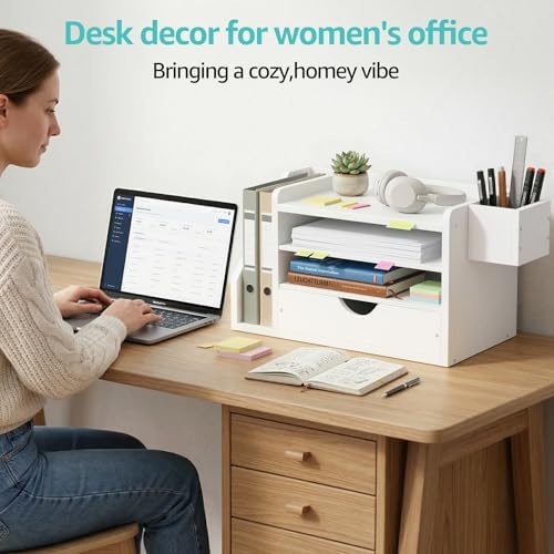 Wood Desk Organizers and Accessories with Drawer - White 3 Tier Paper Tray and Desktop Storage Caddy for Office Supplies, Slanted File Folder Holder and Pen Cup, Dorm Essentials for School