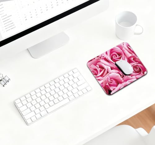 9.5x7.9 Inch Office/Gaming Mouse Pad, Romantic Pink Roses with Dew Drops Fresh Flowers Floral Bouquet, Cute Anti-Slip Mat for Desk Decor