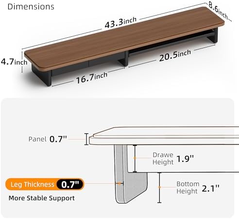 AFOOYO Large Dual Monitor Stand For Desk,43 Inch Desktop Computer Riser with Metal Drawer Desk Shelf Organizer For Computer/Laptop/PC/Printer/TV