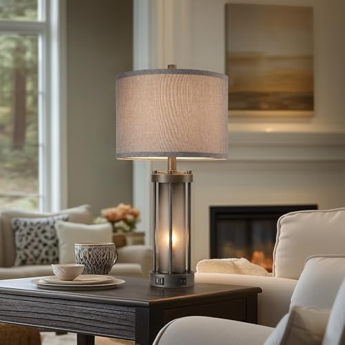RORIA Set of 2 Rustic Table Lamps for Living Room with 2 USB Ports