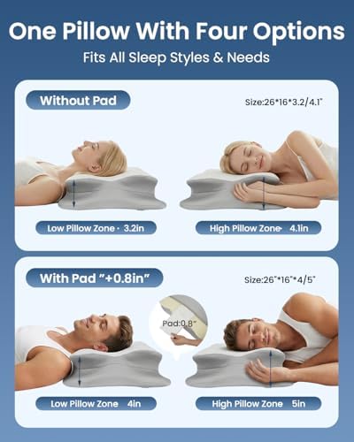 Cervical Pillow for Neck Pain Relief, 4-Height Adjustable Oeko-TEX Memory Foam Contour Pillow for Sleeping, Ergonomic Orthopedic Cooling Neck Pillow for Side Back Stomach Sleepers, Arm Support