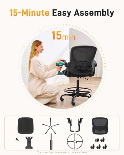 LukkDys Drafting Chair with Arms, Tall Office Chair for Standing Desks