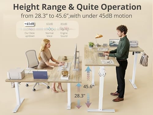 TIQLAB L Shaped Standing Desk Adjustable Height, Reversible Electric Corner Standing Desk, 63 x 55 inch Sit Stand Computer Table with Splice Board, Maple