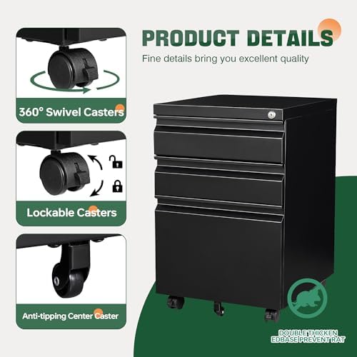 Letaya 3 Drawer Mobile File Cabinet with Lock,Under Desk Metal Filing Cabinets for Home Office Organizer Letters/Legal/A4((Fully Assembled-Black)