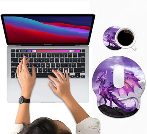 Ergonomic Mouse Pad Wrist Support and Cute Coffee Coaster, Non Slip PU Base Mouse Pad Wrist Rest for Computer, Office Gaming, Working, Easy Typing & Pain Relief, Purple Dragon