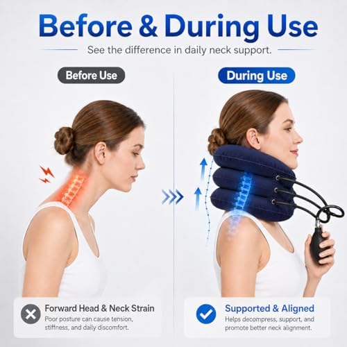Inflatable Cervical Neck Traction Device, Portable Neck Stretcher for Tech Neck & Office Workers,Travel,3-Tube Adjustable Air Pump Design for Daily Neck Pain Relief & Muscle Relaxation