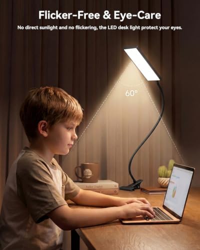 Eye-Caring Adjustable LED Reading Clamp Desk Lamp with 48 LEDs Flexible Neck, 3 Color Modes & 11 Brightness Levels for Office Bedroom Study (Black)