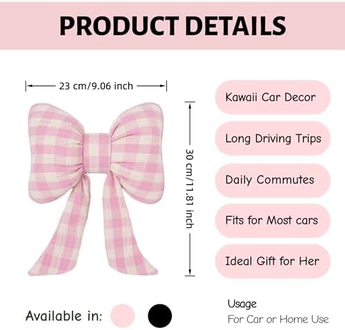 2PCS Chic Car Headrests with Bow-Shaped Cotton Linen Bowknot Neck Pillows for Cozy Road Trip & Cute Interior Decoration (Pink Plaid)