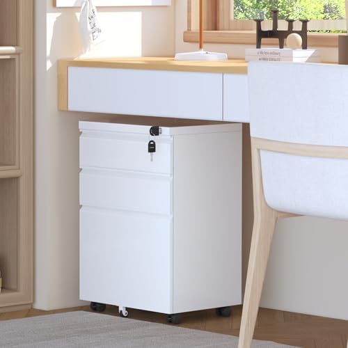 INTERGREAT 3 Drawer Mobile File Cabinet with Lock, Metal Filing Cabinets for Home Office, Rolling Under Desk Organizer for Letters/Legal/A4, (Fully Assembled-White)