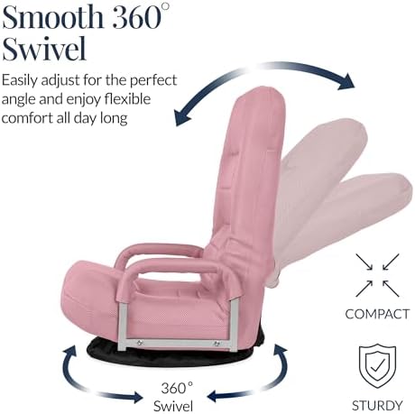 Best Choice Products Swivel Gaming Chair 360 Degree Multipurpose Floor Chair Rocker for TV, Reading, Playing Video Games w/Lumbar Support, Armrest Handles, Adjustable Foldable Backrest - Pink