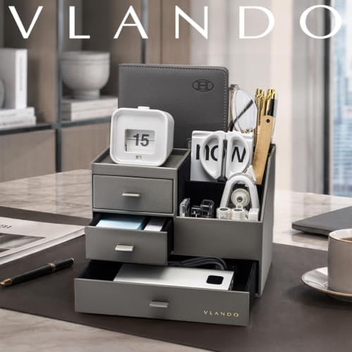VLANDO Desk Organizer,PU Leather Office Storage with Compartments,Gray