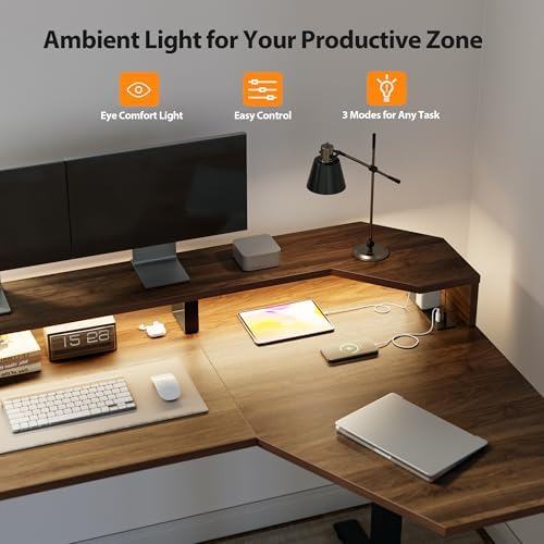 Agilestic 63*35 Inch L Shaped Standing Desk with Shelf & Led&Outlet, Walnut
