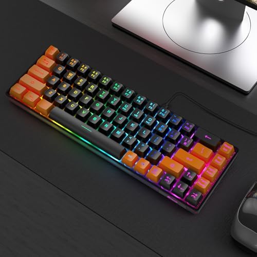 GEODMAER 65% Gaming Keyboard, LED Backlit Mini Wired Keyboard, Ultra-Compact Anti-Ghosting No-Conflict 68 Keys Membrane Gaming Wired Keyboard for PC Laptop Windows Gamer(Black-Orange)