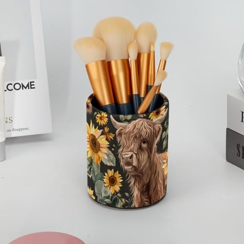 Pen Holder for Desk, Highland Cow Sunflowers Pencil Holder Desk Organizer, Large Capacity Pen Cup Makeup Brush Holders Desktop Office Supplies Storage Organizer