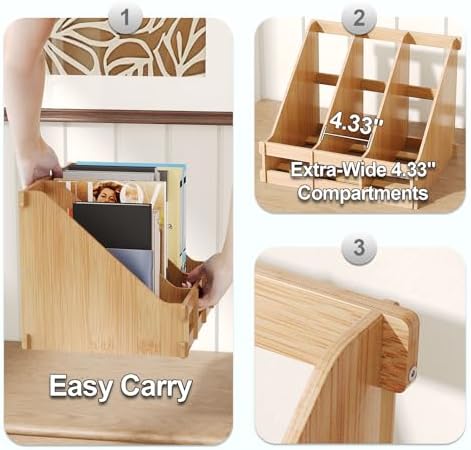Bamboo Desk File Organizer, 3 Compartment Magazine Holder for Home Office(Nature)