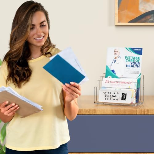 Mail Organizer Envelope Holder - 3 Compartments Clear Acrylic Mail Holder Countertop Home Office Desk Organizer Small File Sorter Vertical Bill Letter Paper Document Storage Rack