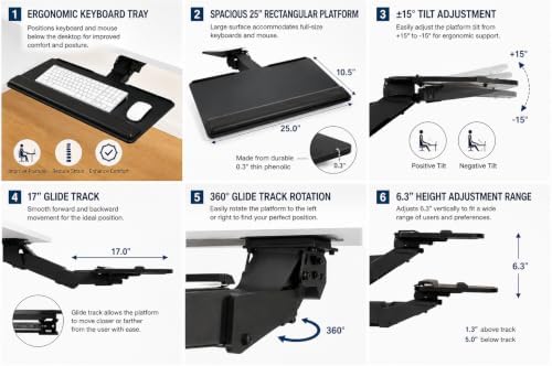 AA260 Articulating Arm PL003-25 Rectangular 25" Platform, Under Desk Ergonomic Keyboard Tray, Adjustable Height, Negative Tilt, 360° Rotation, 17" Glide Track, Keyboard and Mouse Platform, Wrist Rest
