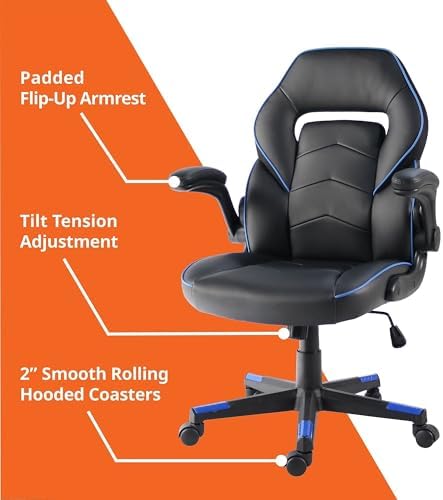 NuSparc SpawnSafe Gaming Chair, Adjustable Height, Flip-up Armrests, 360° Swivel, Black/Blue