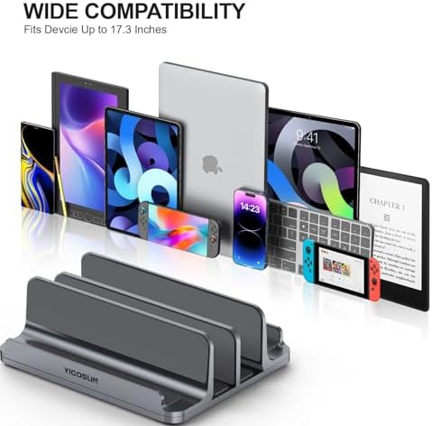 YICOSUN 4-Slot Aluminum Vertical Laptop Stand for Desk - Adjustable Width Dock for MacBook, Surface, Samsung, HP, Dell up to 17.3 inches - Space-Saving & Protective Design - Gray
