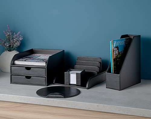 OSCO Black Faux Leather Letter Holder | Mail Sorter | Post Rack | Envelope Organiser | Document Stand | Desk File Storage | Display Slots | H14 x W17.5 D10 cm |