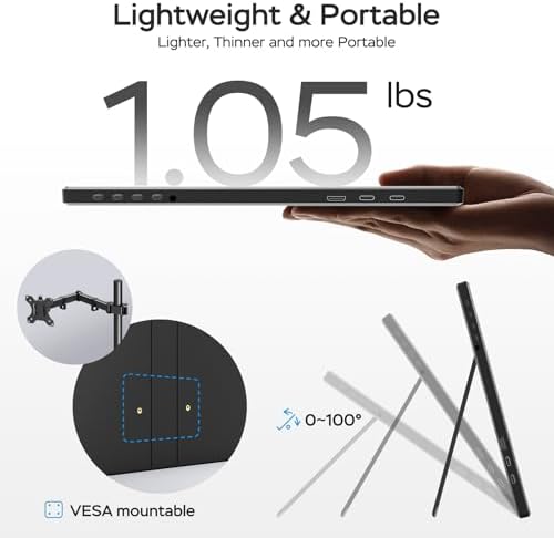 WGK 14 inch Portable Monitor 1200P FHD+ 100% sRGB Travel Display HDMI/USB-C Compatible with Laptops, Desktops, Phones, PS, Mac, Xbox, Switch, and Other Gaming Devices Includes Stand and Speakers VESA