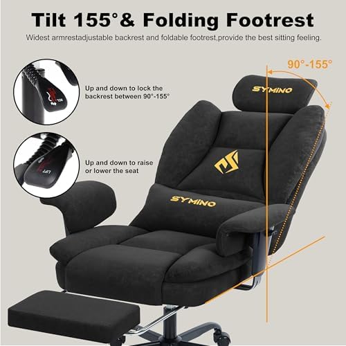 Symino Gaming Chair with Foot Rest, Unique Up/Down Armrests, PU Leather Ergonomic High Back Chair, 155° Recline Solid Color Computer Desk Chair, Black