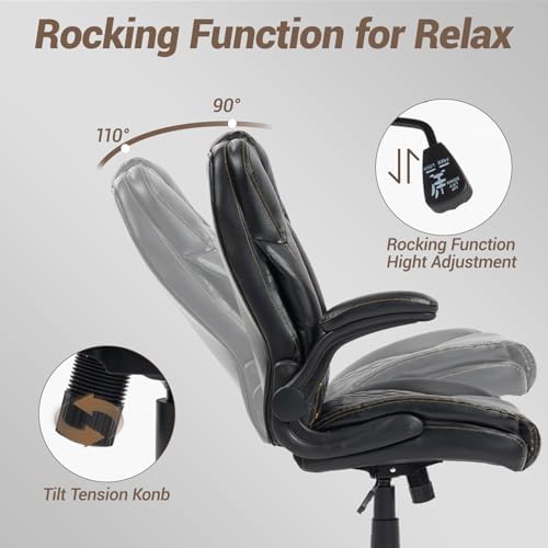 450LBS Ergonomic Office Chair with Flip Up Arms, Heavy Duty PU Leather Big and Tall Desk Chair, High Back Swivel PC Chair for Home Office, Gaming, Black