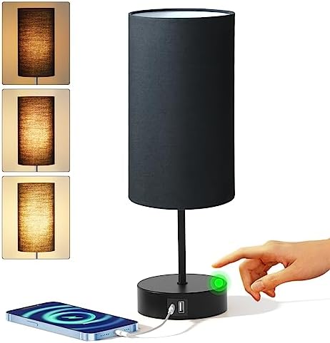 KPQ Bedside Lamp Touch Control Table Lamp with USB A+C Charging Ports & AC Outlet 3-Way Dimmable Nightstand Lamp with Linen Fabric Shade (Matte Black Base/Black Shade, 14" Small Size Touch Control)